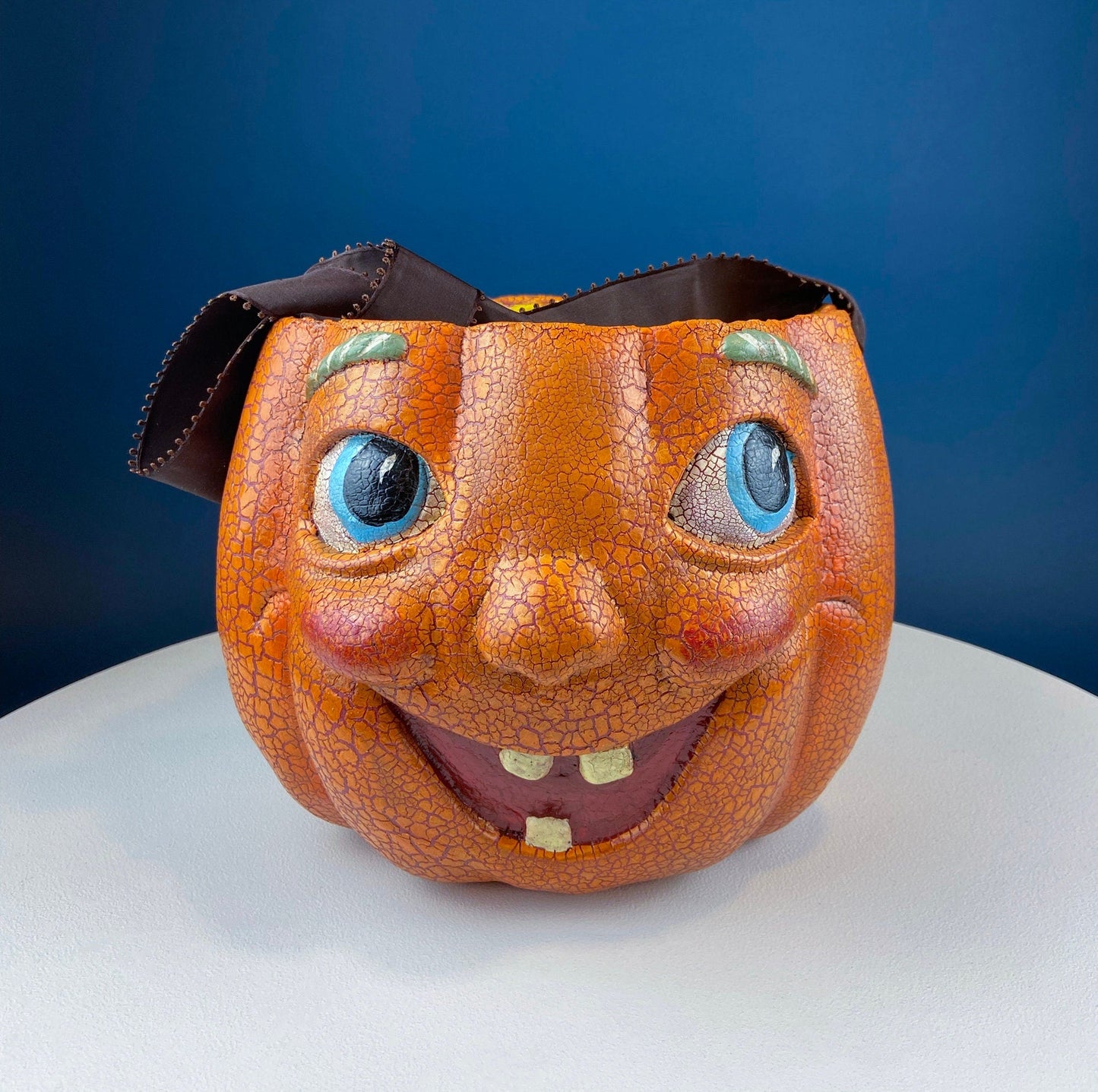 Vintage Papier Mache Jack-O-Lantern. Large Pumpkin Basket. Cute Hand Painted Face. Crackle Paint. Ribbon Handle. Halloween Candy Give Away.