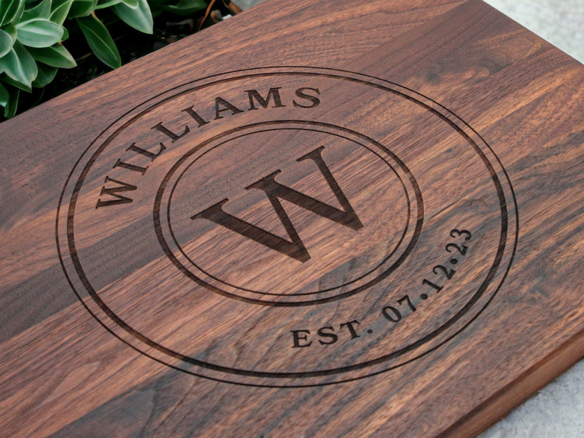 Walnut cutting board with engraved circular medallion WILLIAMS; personalized wedding gift on Tampa Home & Garden Store