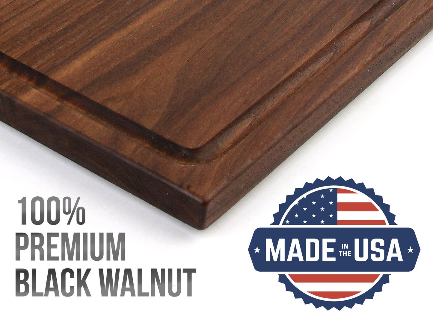 Cutting board in premium black walnut with rich grain and rounded corner on Tampa Home & Garden Store