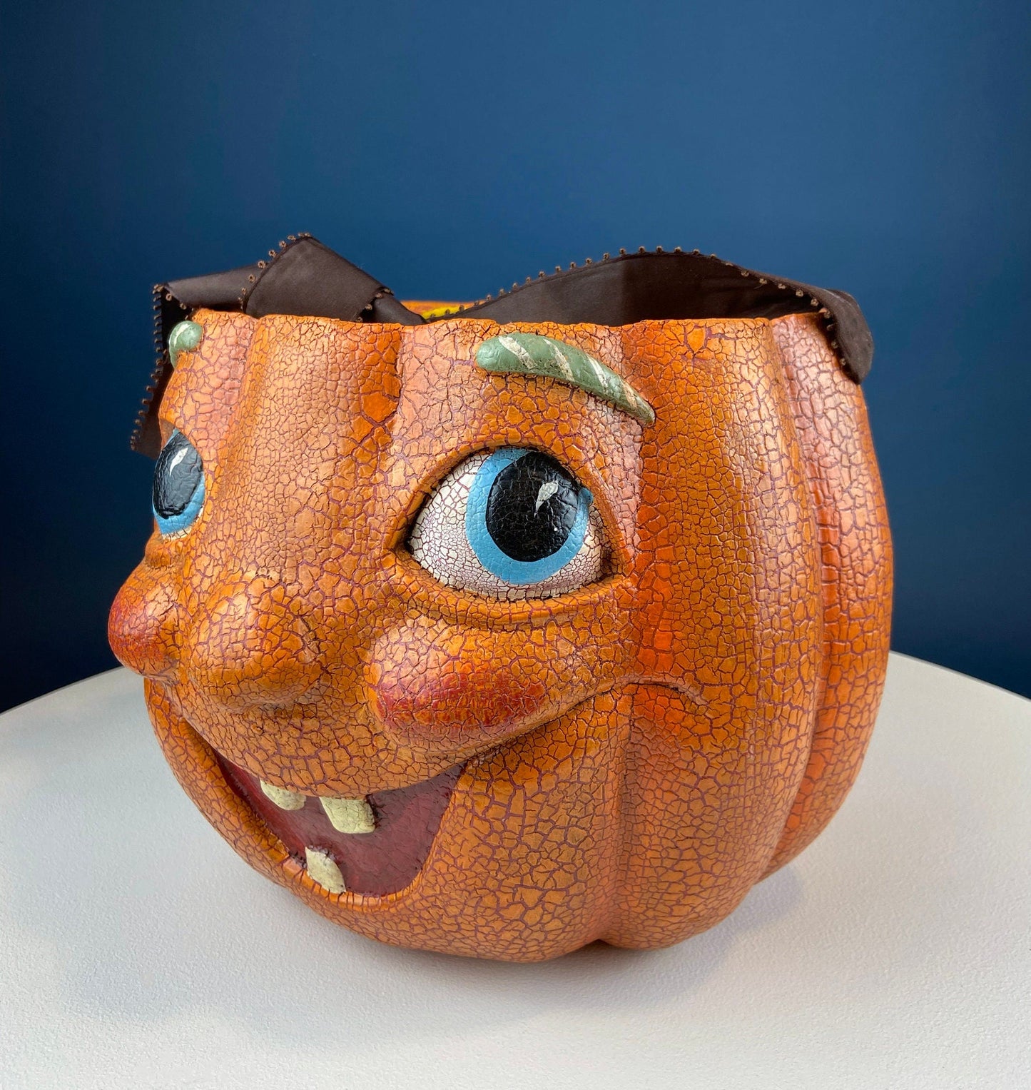 Vintage Papier Mache Jack-O-Lantern. Large Pumpkin Basket. Cute Hand Painted Face. Crackle Paint. Ribbon Handle. Halloween Candy Give Away.