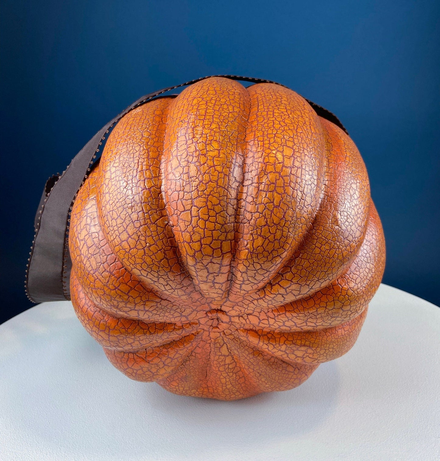 Vintage Papier Mache Jack-O-Lantern. Large Pumpkin Basket. Cute Hand Painted Face. Crackle Paint. Ribbon Handle. Halloween Candy Give Away.