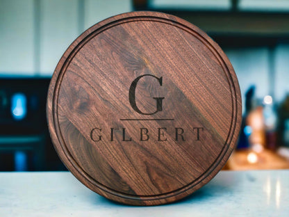 18in walnut round personalized cutting board with juice groove engraved Gilbert USA made board on Tampa Home & Garden Store