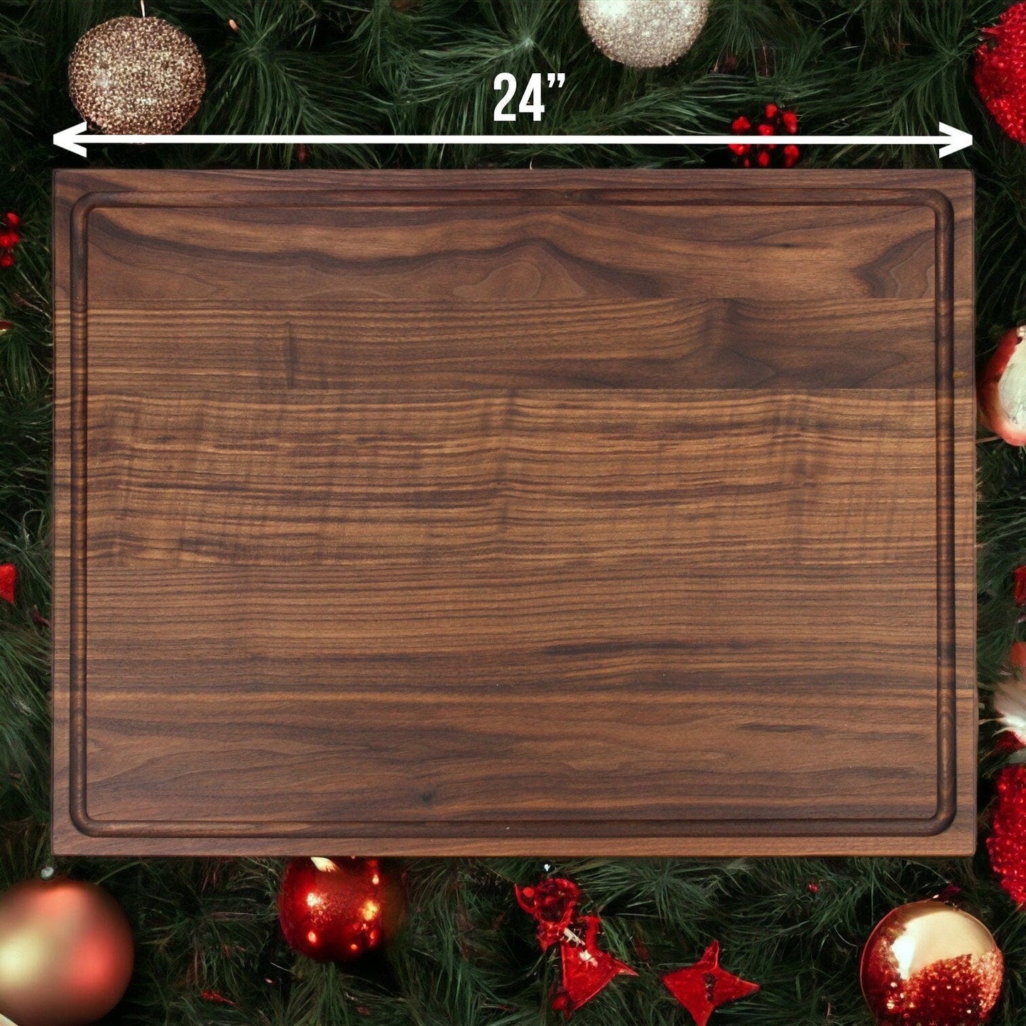 Extra large walnut cutting board 24x18 in with edge groove and rich grain on festive backdrop on Tampa Home & Garden Store