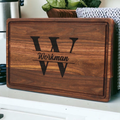 Personalized cutting board with bold WW initials on rich wood by Refine Kitchenware USA made on Tampa Home & Garden Store