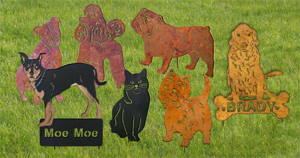 Belgian Shepherd dog garden stake set; colorful metal silhouettes for lawn or wall display on Tampa Home & Garden Store