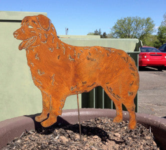 Australian Shepherd statue lawn ornament, rust-colored metal dog by Rustica Ornamentals on Tampa Home & Garden Store