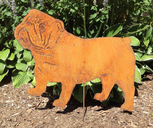 Bulldog garden statue in rust-orange finish by Rustica Ornamentals, lawn ornament on Tampa Home & Garden Store