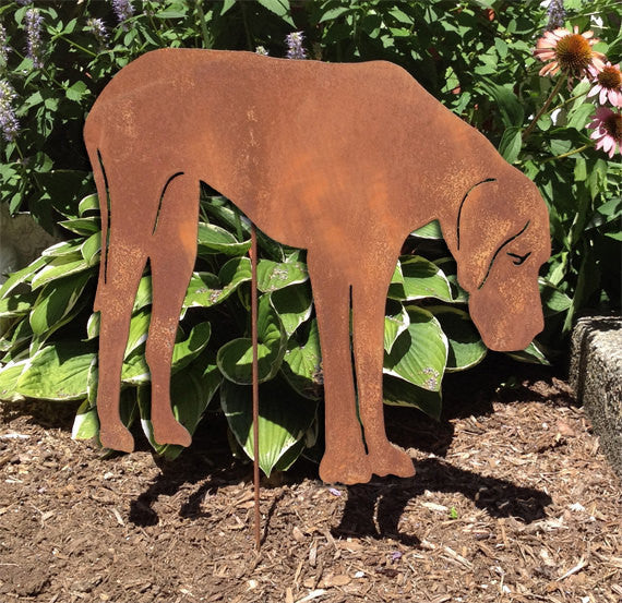 Great Dane statue lawn ornament in rusted metal silhouette by Rustica Ornamentals on Tampa Home & Garden Store