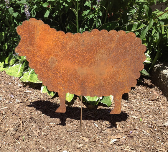 Sheep garden stake sculpture, rusty silhouette on a stake, Rustica Ornamentals on Tampa Home & Garden Store
