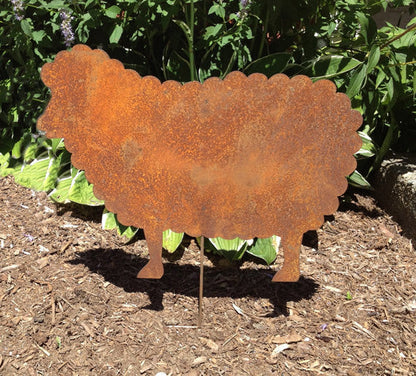 Sheep garden stake sculpture, rusty silhouette on a stake, Rustica Ornamentals on Tampa Home & Garden Store