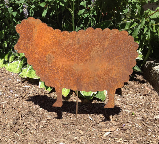 Sheep garden stake sculpture, rusty silhouette on a stake, Rustica Ornamentals on Tampa Home & Garden Store