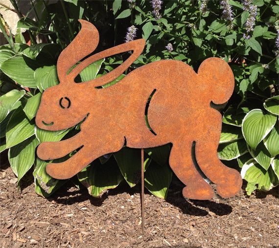 Rustica Ornamentals Easter Bunny yard stake in rusty metal finish for outdoor seasonal decor on Tampa Home & Garden Store