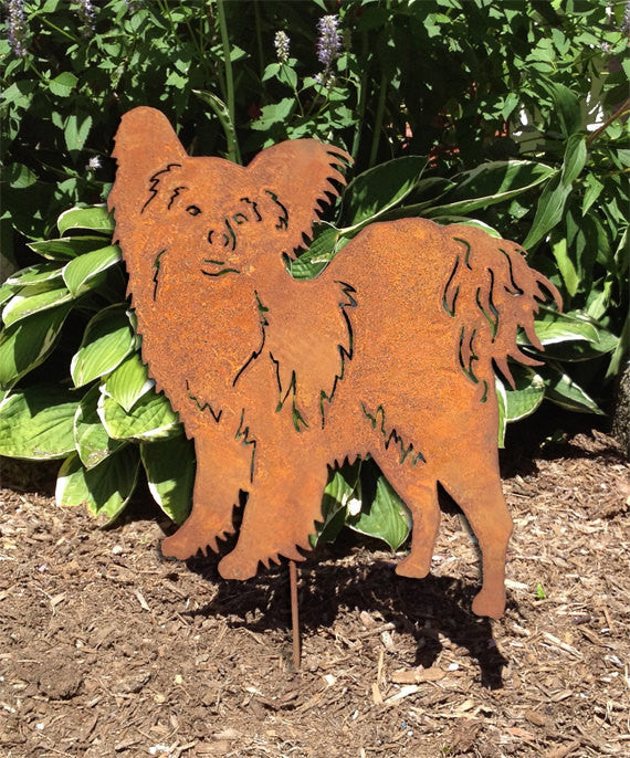 Papillon garden stake or wall hanging in rusty metal silhouette with perky ears and tail on Tampa Home & Garden Store