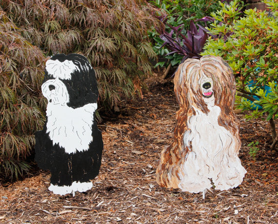 Tibetan Terrier garden stake pair by Rustica Ornamentals in black/white and brown/white on Tampa Home & Garden Store