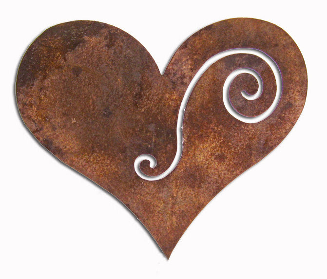 Heart garden stake or wall art in rusted metal with swirl accent by Rustica Ornamentals on Tampa Home & Garden Store