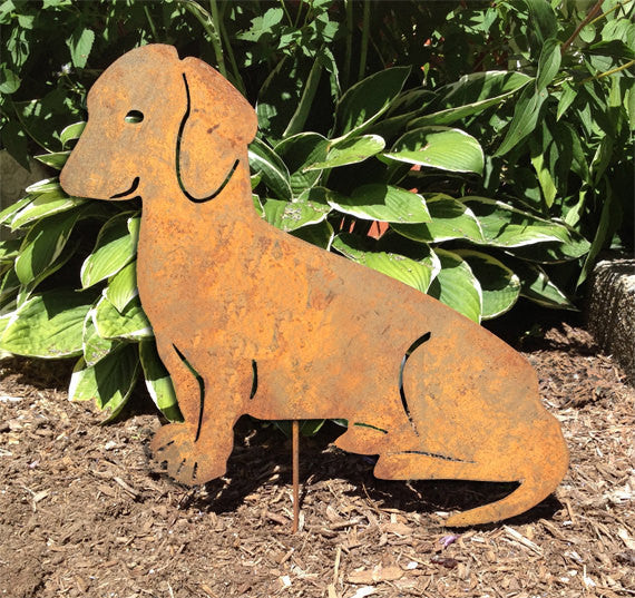 Rusty dachshund garden stake by Rustica Ornamentals, metal silhouette lawn ornament on Tampa Home & Garden Store