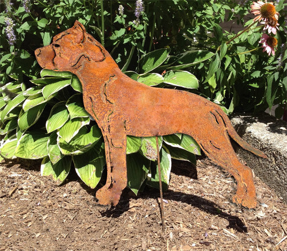 Staffordshire Bull Terrier garden stake metal sculpture rusted finish for lawn or wall art on Tampa Home & Garden Store