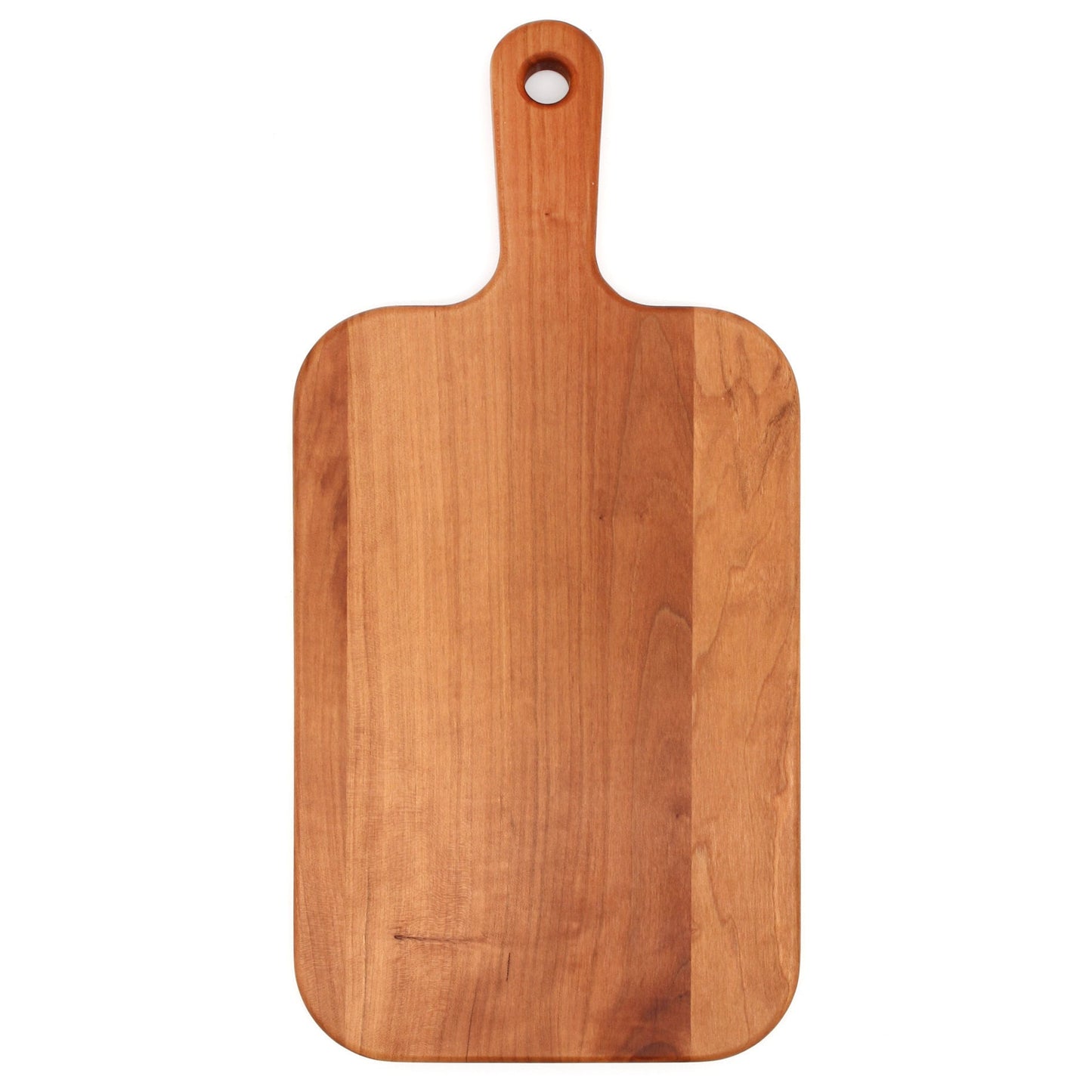 Personalized last name letter charcuterie board in cherry wood paddle with handle hole on Tampa Home & Garden Store