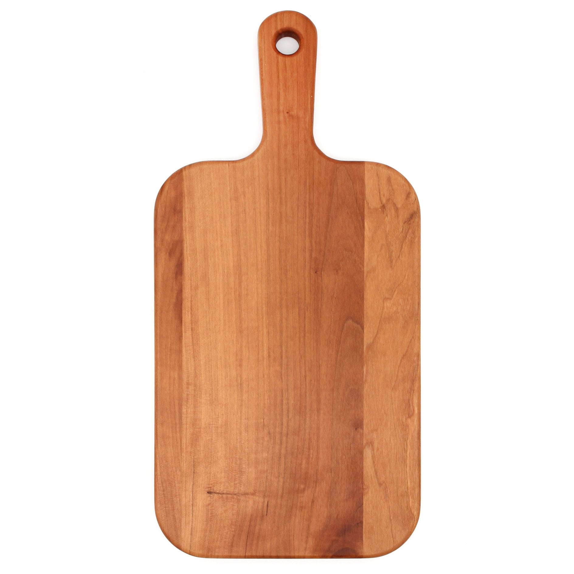 Personalized last name letter charcuterie board in cherry wood paddle with handle hole on Tampa Home & Garden Store