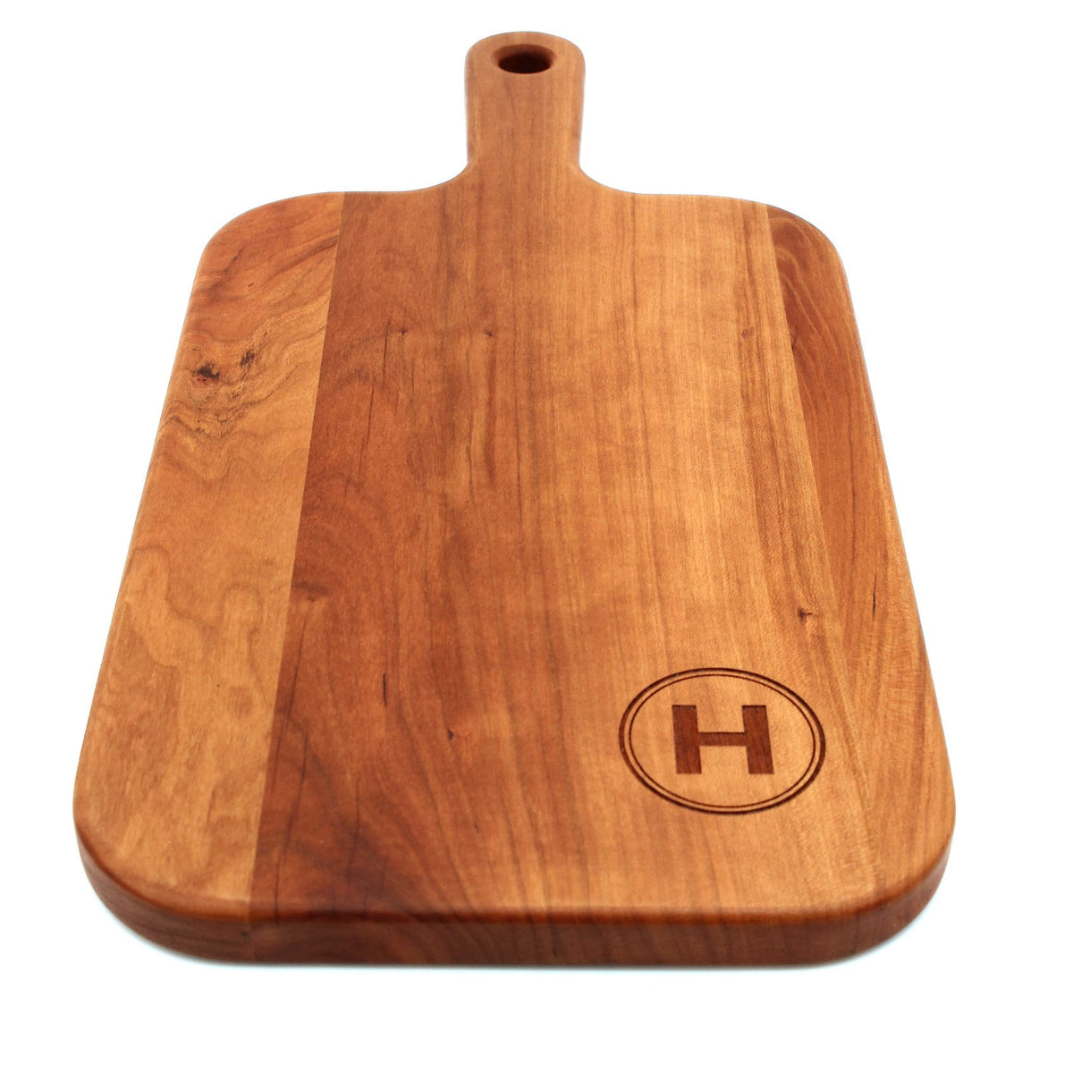 Personalized last name letter charcuterie board, cherry wood paddle, monogram H on Tampa Home & Garden Store