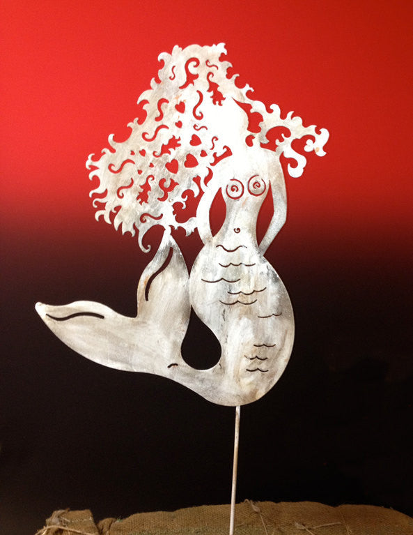 Mermaid garden statue in white metal on a stake with curly tree-hair Rustica Ornamentals on Tampa Home & Garden Store