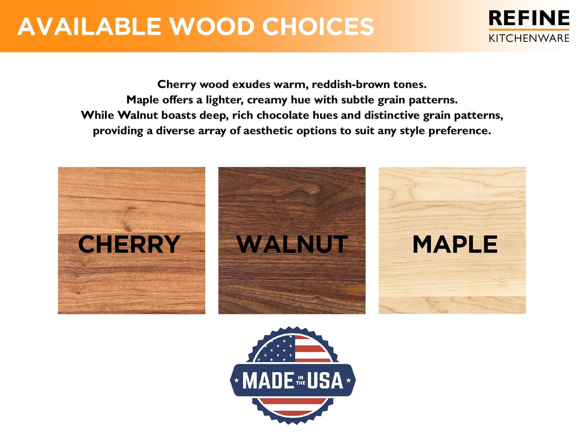 Refine Kitchenware cutting board wood options: cherry, walnut, maple finishes; USA-made on Tampa Home & Garden Store