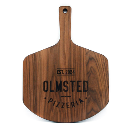 Personalized walnut American hardwood pizza peel, large 22x16, wood pizza board with handle on Tampa Home & Garden Store

