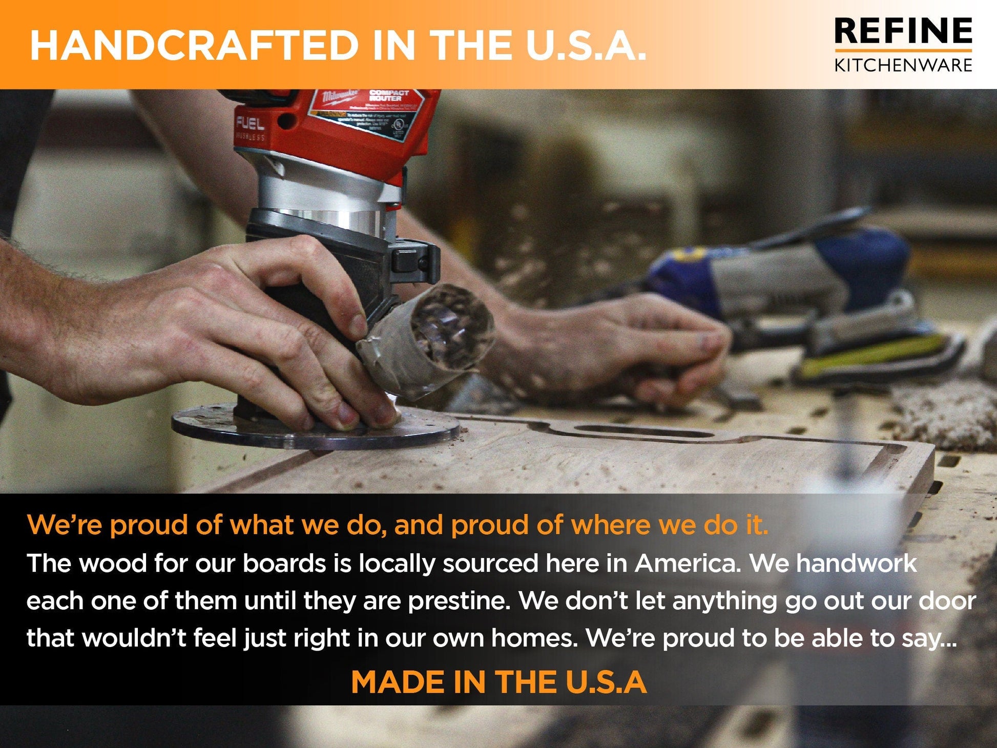 Personalized cutting board being crafted in a workshop with a router, Refine Kitchenware on Tampa Home & Garden Store