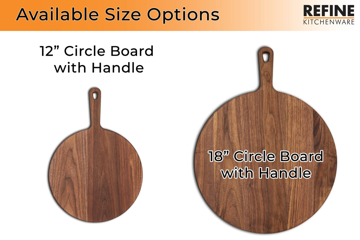 Walnut round cutting boards with handles, 12 and 18 inch sizes, Refine Kitchenware on Tampa Home & Garden Store