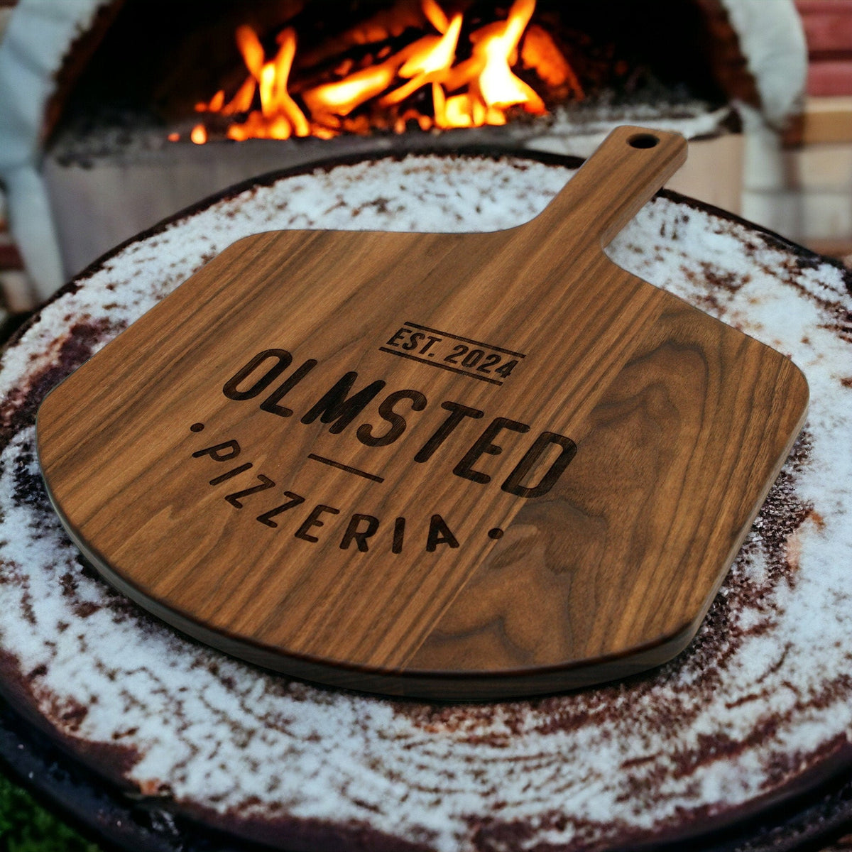 Personalized walnut hardwood pizza peel 22x16 with handle hole, engraved EST. 2024 on Tampa Home & Garden Store