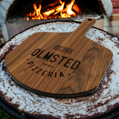 Personalized walnut hardwood pizza peel 22x16 with handle hole, engraved EST. 2024 on Tampa Home & Garden Store