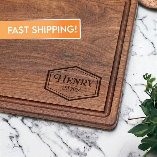 Personalized charcuterie board with engraved name on wooden cutting board by Refine Kitchenware on Tampa Home & Garden Store