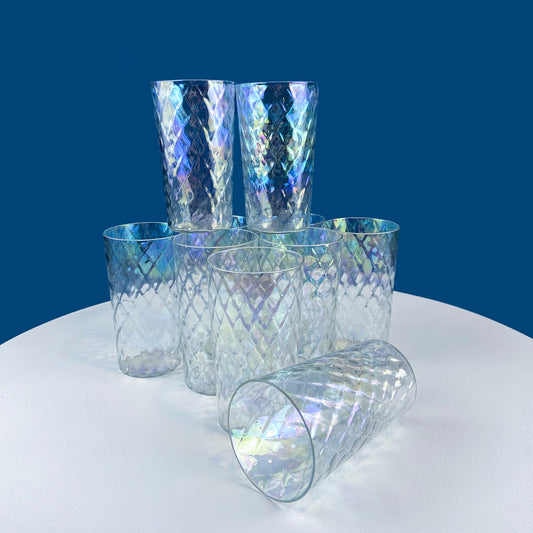 Vintage Iridescent Clear Tumblers with Scale like Texture. Set of 10 Stunning Glasses for Juice or Water. Dining Room Decor. Wedding Gift.