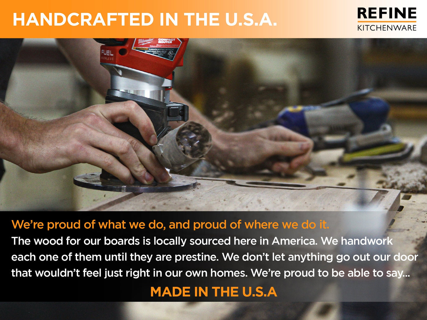 Extra Large Walnut Cutting Board being shaped in a workshop; USA-made by Refine Kitchenware on Tampa Home & Garden Store