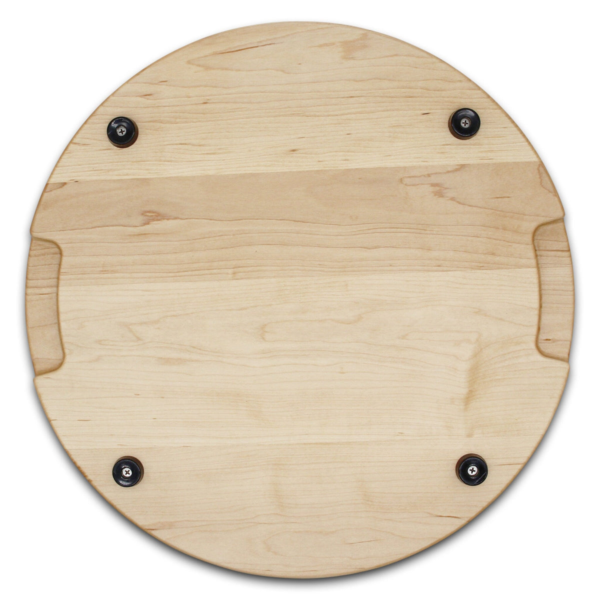 Round wooden cutting board with exposed black feet and natural wood grain on Tampa Home & Garden Store