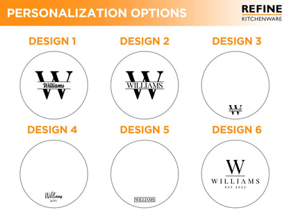 Extra large round wood cutting board personalization options; Refine Kitchenware Williams logos on Tampa Home & Garden Store