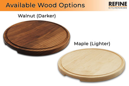 Two round wooden cutting boards in walnut dark and maple light finishes with visible grain on Tampa Home & Garden Store