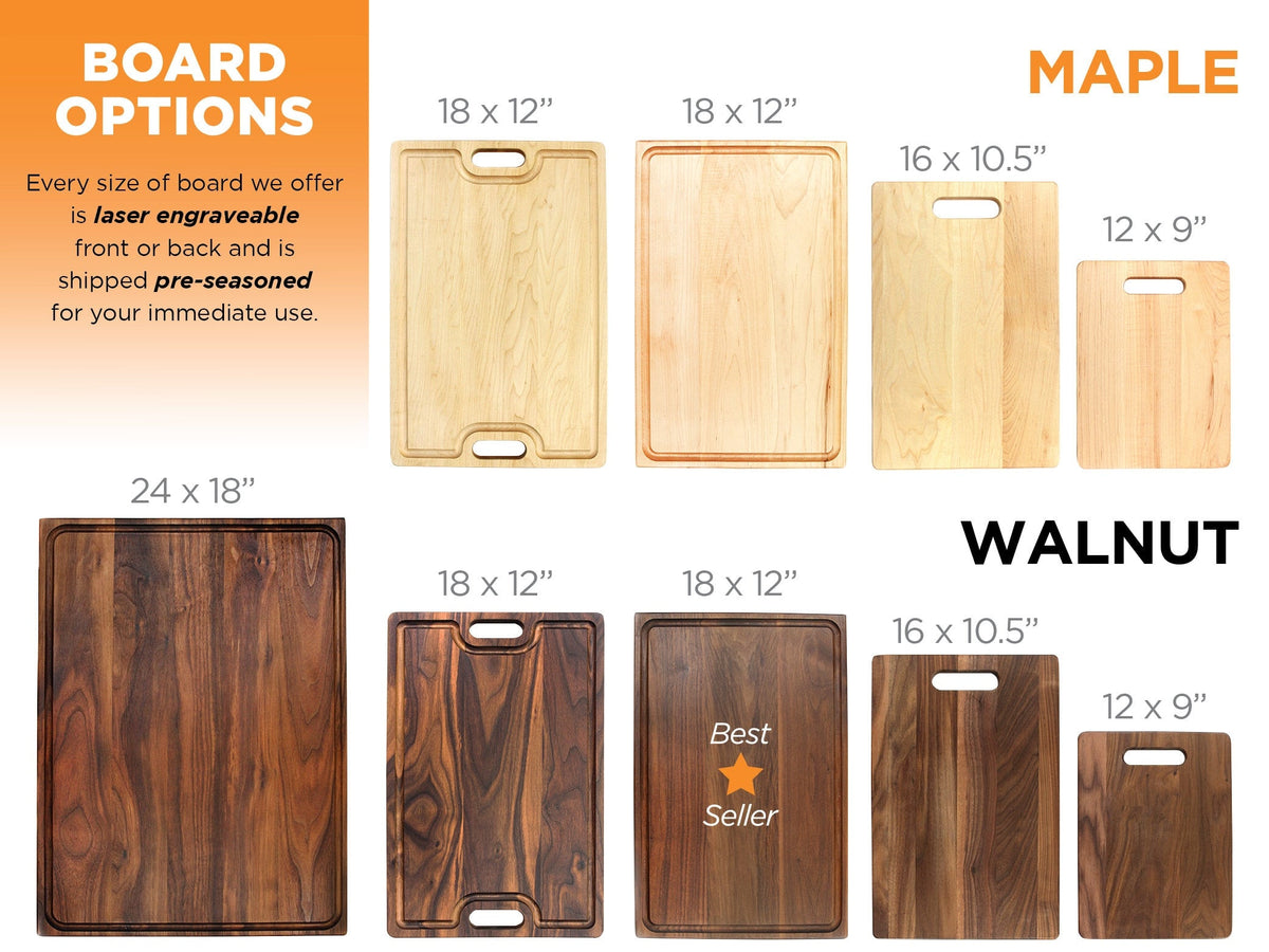 Refine Kitchenware cutting boards in maple and walnut finishes, multiple sizes with handles on Tampa Home & Garden Store