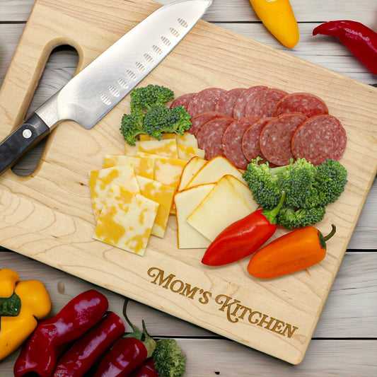 Personalized Mothers Day Cutting Board on natural wood with salami, cheddar, broccoli and peppers on Tampa Home & Garden Store