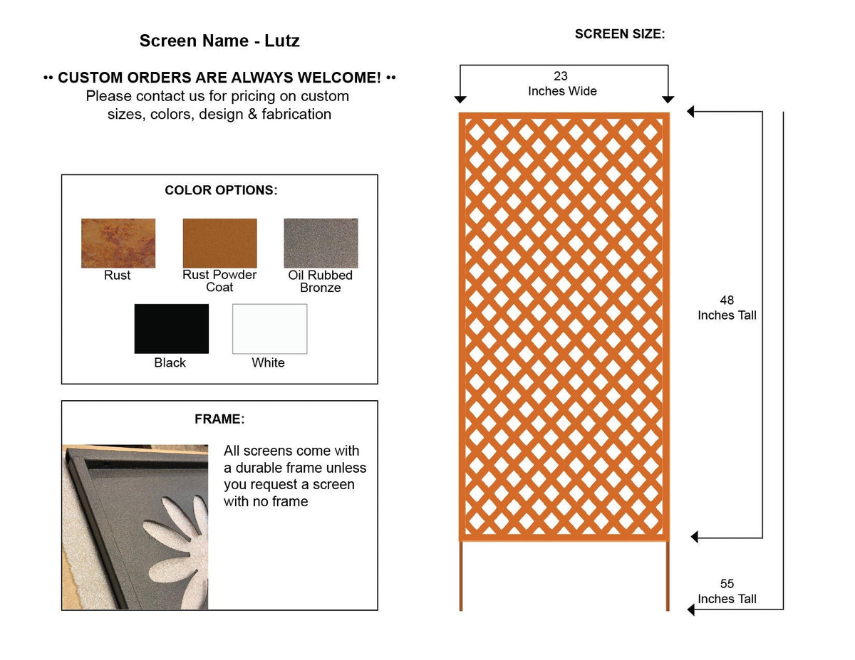Large rust-colored metal privacy screen lattice panel by Rustica Ornamentals on Tampa Home & Garden Store