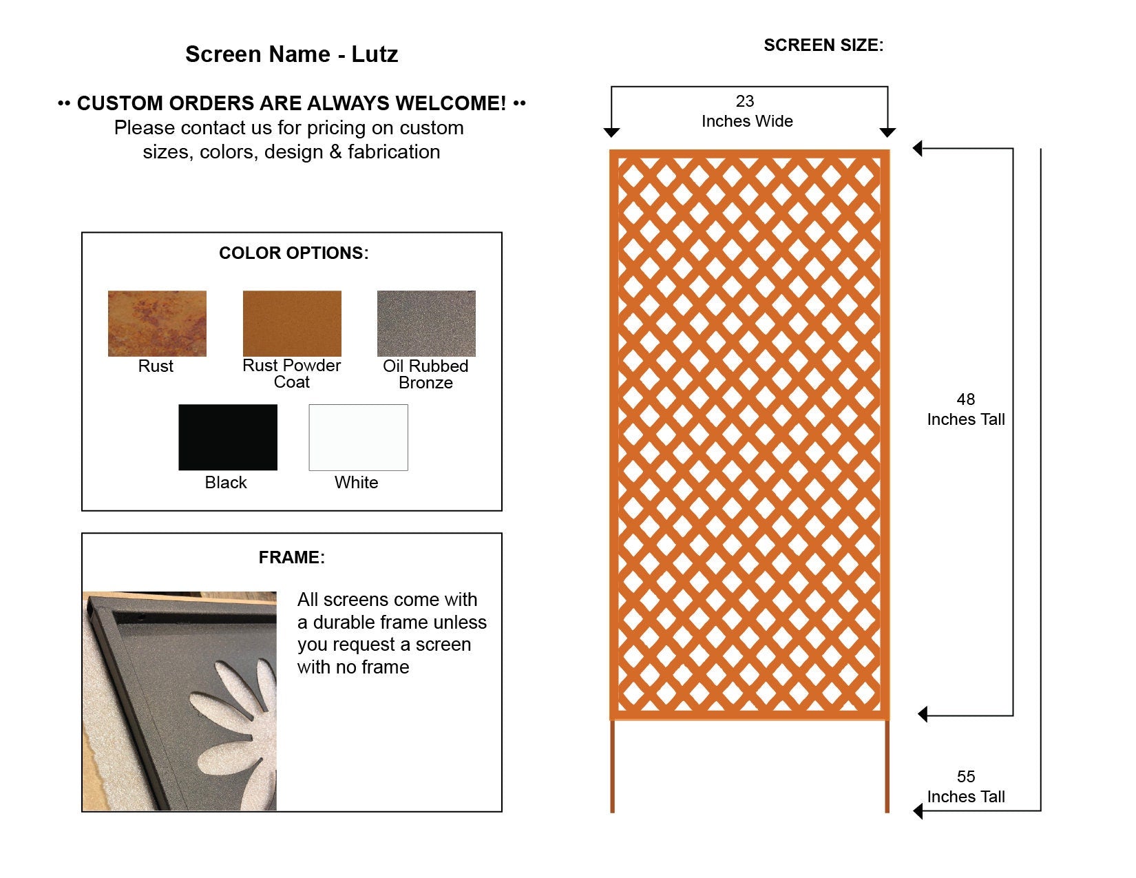 Large rust-colored metal privacy screen lattice panel by Rustica Ornamentals on Tampa Home & Garden Store