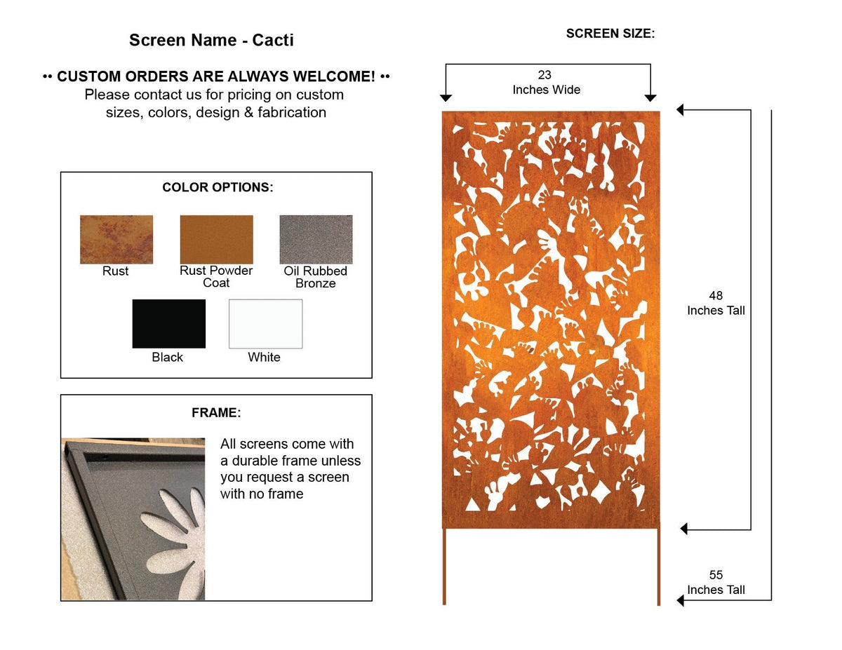 Outdoor Metal Deck Privacy Screen Panel Rust finish cactus cutouts by Rustica Ornamentals on Tampa Home & Garden Store