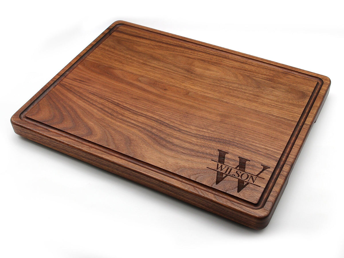 Personalized walnut wood cutting board, 1.25 in thick, extra large with juice groove on Tampa Home & Garden Store