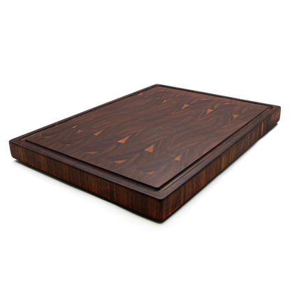 Walnut end-grain cutting board with beveled edge and geometric inlays, two-board layered design on Tampa Home & Garden Store