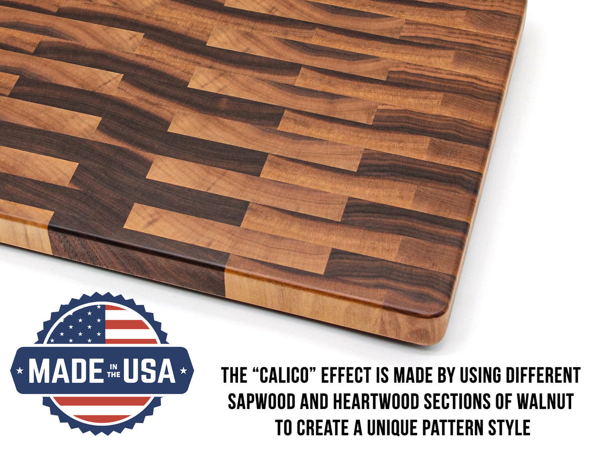 Large end grain calico walnut cutting board with light/dark blocks rounded corners rubber feet on Tampa Home & Garden Store