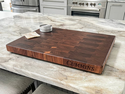 Large end grain walnut cutting board with edge engraving by Refine Kitchenware USA made on Tampa Home & Garden Store