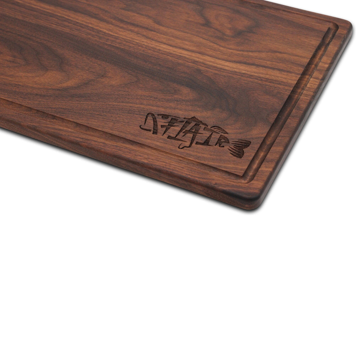 Custom logo cutting board in dark walnut wood with an engraved Refine Kitchenware logo on Tampa Home & Garden Store