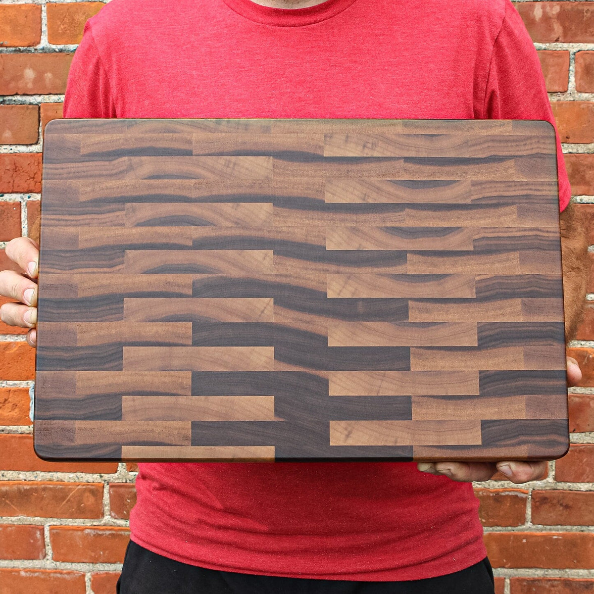 Large end grain calico walnut cutting board with brown tones rectangular board on Tampa Home & Garden Store