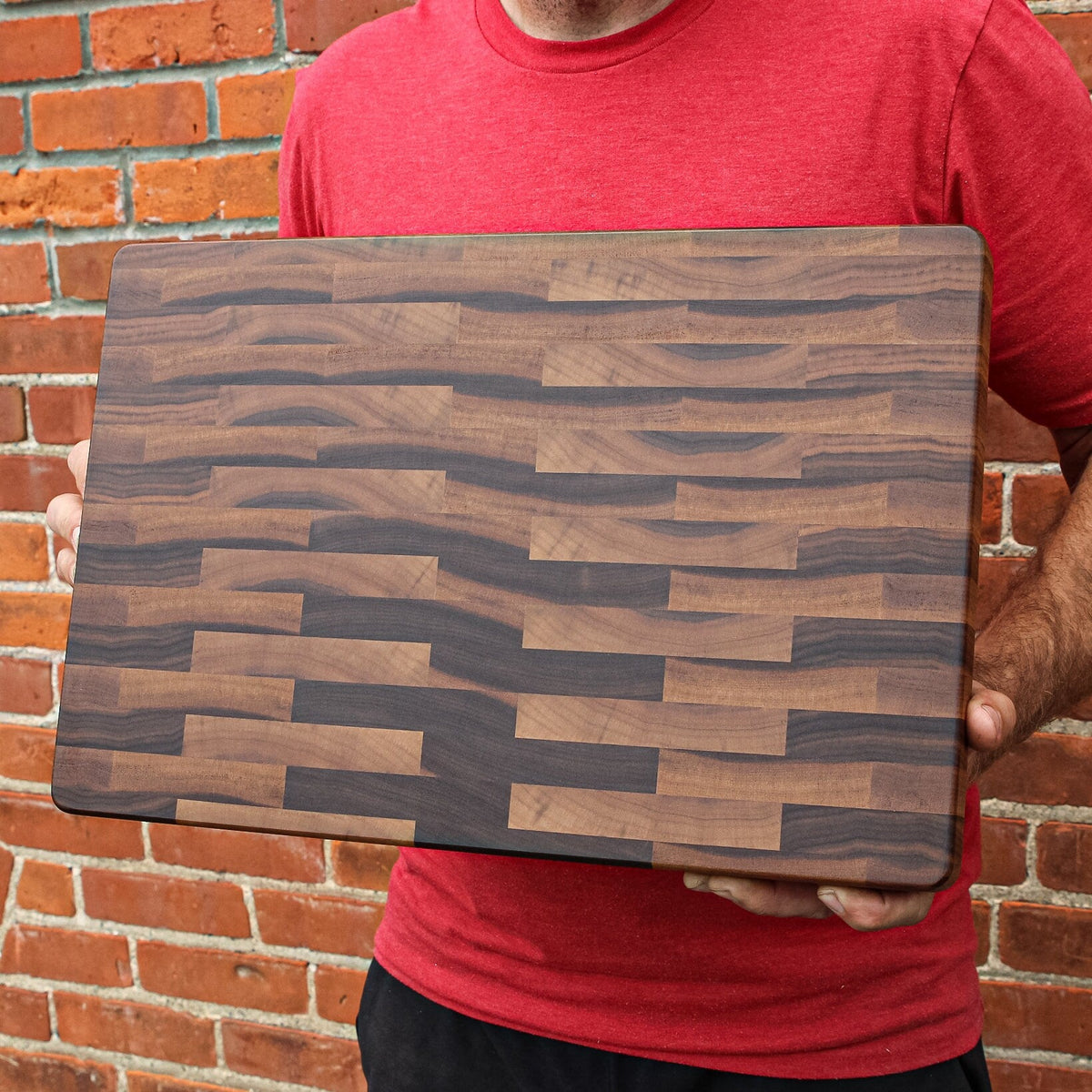 Large end-grain Calico Walnut cutting board with rubber feet, 2 in thick, USA made on Tampa Home & Garden Store