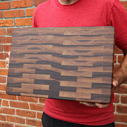 Large end-grain Calico Walnut cutting board with rubber feet, 2 in thick, USA made on Tampa Home & Garden Store